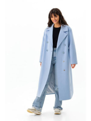 Двубортное пальто из кашемира голубое