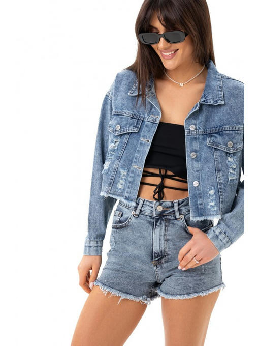 Короткая джинсовая куртка синяя — изображение 4