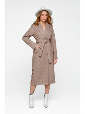 Утепленное пальто в клетку кэмел