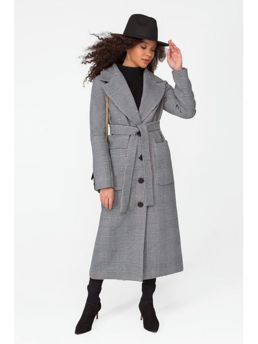 Длинное демисезонное пальто в клетку черное — изображение 4