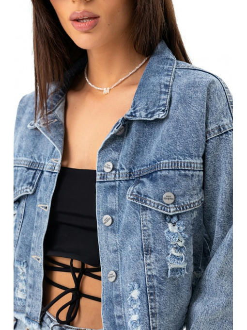 Короткая джинсовая куртка синяя — изображение 5