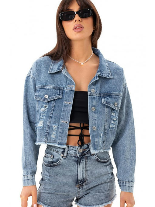 Короткая джинсовая куртка синяя — изображение 3