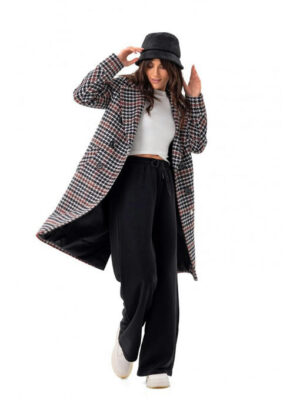 Утепленное двубортное пальто красно-черное