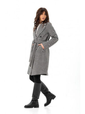 Утепленное двубортное пальто черно-белое