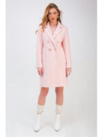 Прямое двубортное пальто в клеточку розовое