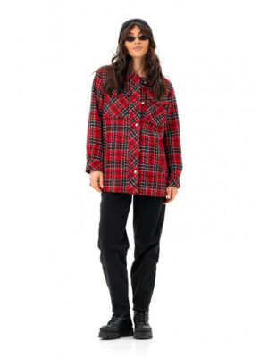 Пальто-рубашка из французского твида красно-черное