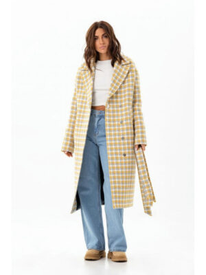 Пальто в лапку желто-серое