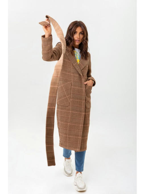 Женское демисезонное пальто в клетку кофе