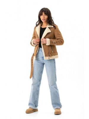 Дубленка авиатор коричнево-белая