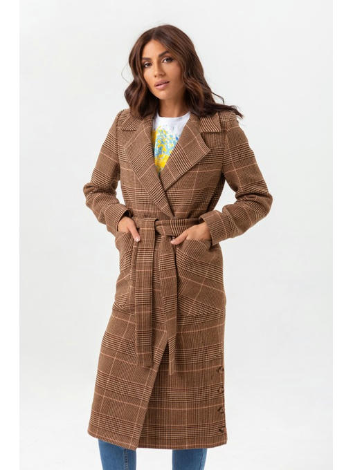 Женское демисезонное пальто в клетку кофе — изображение 2