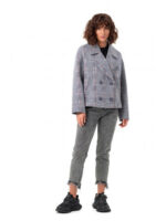 Короткое оверсайз пальто серый-коралловая полоса