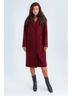 Пальто с капюшоном и накладными карманами бордовое