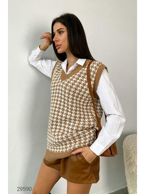 Удлинённый вязаный жилет с узором гусиная лапка — изображение 2