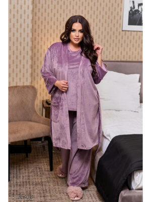 Велюровый комплект-тройка из футболки, халата и брюк