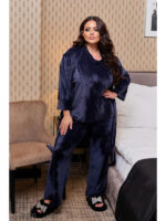 Велюровый комплект-тройка из футболки, халата и брюк