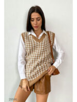 Удлинённый вязаный жилет с узором гусиная лапка