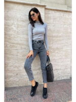 Выбеленные серые джинсы мом с завышенной талией