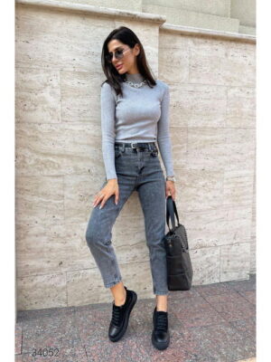 Выбеленные серые джинсы мом с завышенной талией