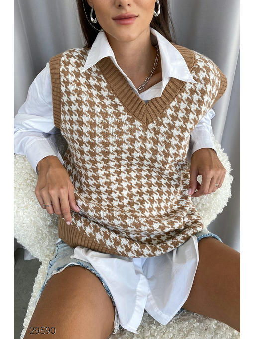 Удлинённый вязаный жилет с узором гусиная лапка — изображение 4