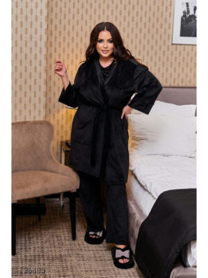 Велюровый комплект-тройка из футболки, халата и брюк