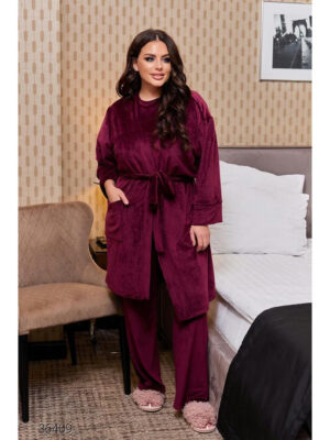 Велюровый комплект-тройка из футболки, халата и брюк