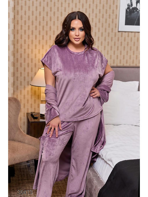 Велюровый комплект-тройка из футболки, халата и брюк — изображение 2