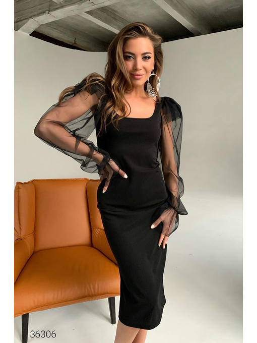 Платье футляр-миди с объёмными рукавами