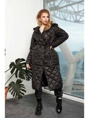 Стёганое пальто миди с капюшоном