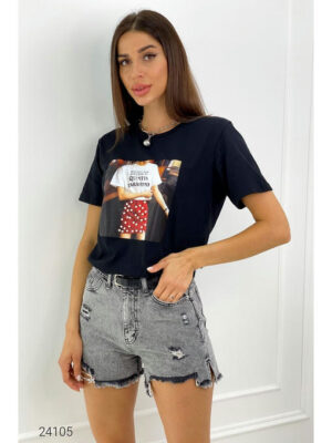 Футболка с принтом и отделкой жемчугом