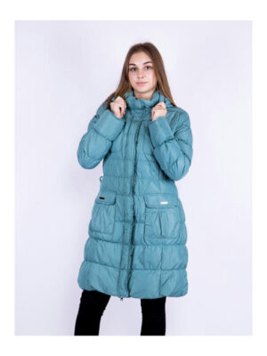 Женское пальто-пуховик бирюзовое