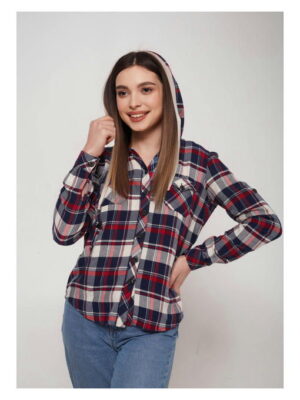 Рубашка женская в клетку с капюшоном